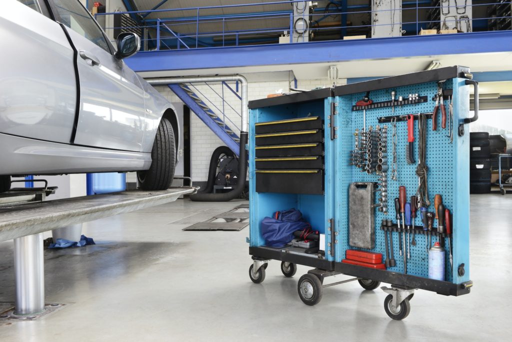 Garage with tool cart.